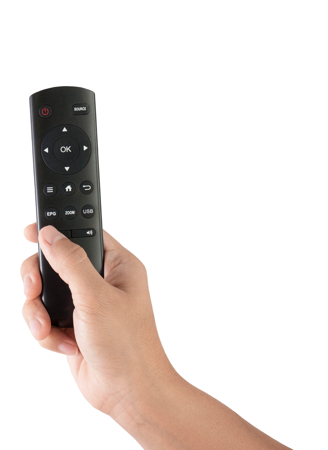 Eine Hand, in der eine Fernbedienung zu sehen ist